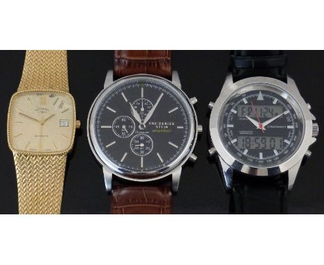 Three various gentleman's wristwatches comprising Frederick Stein chronograph with steel hands, black face, and stainless ste