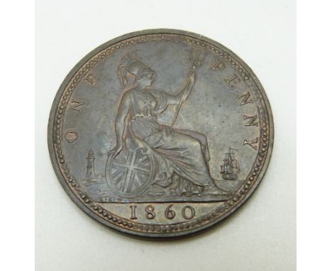 1860 Victorian young head bronze penny, LCW below shield, four windows to lighthouse, thumb touching St George's cross revers
