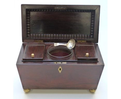 A 19thC rosewood two division tea caddy with brass loop handles, raised on ball feet, H 22cm x W 32cm x D 15cm&nbsp;