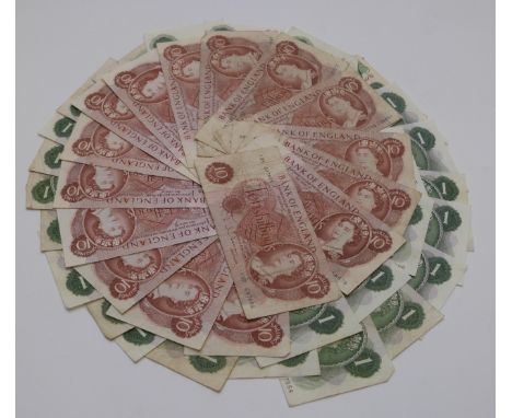 Three L K O'Brien UK one pound notes, twenty six J B Page one pound notes and two Hollom examples, all used but some still cr