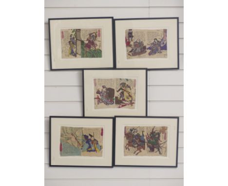 Five Utagawa Yoshiiku Japanese Meiji period coloured signed woodblock prints on crepe paper, 19cm x 27cm&nbsp;