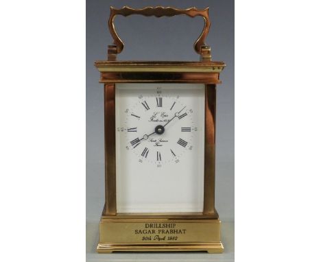 Late twentieth century French brass carriage clock L'Epee, Sainte Luxanne to white Roman dial, fine Breguet style hands and '