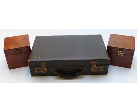 Leather attaché case with fitted interior and monogram, vintage darts, Wray of London wooden box, metal boxes, compact, Victo