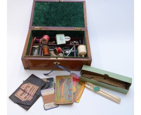 An inlaid marquetry workbox with contents inc vintage bone cotton holder, scissors, needles, hallmarked silver thimble, furth