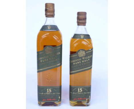 Two bottles of Johnnie Walker 15 year old pure malt Scotch whisky comprising 100cl and 75cl, 40% vol.