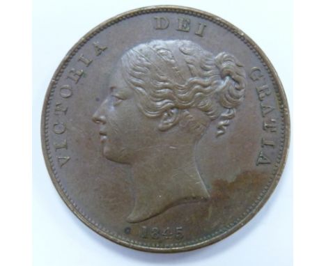 1845 Victorian copper penny, VF-EF, ornamental trident