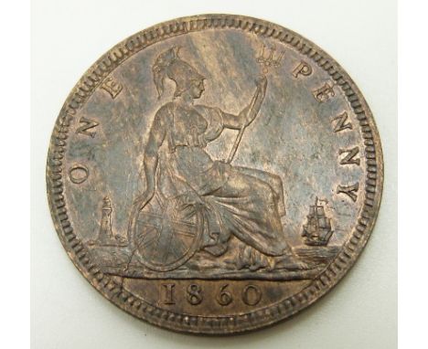 1860 Victorian young head bronze penny, TB, signature on cape obverse, LCW under shield reverse, NEF