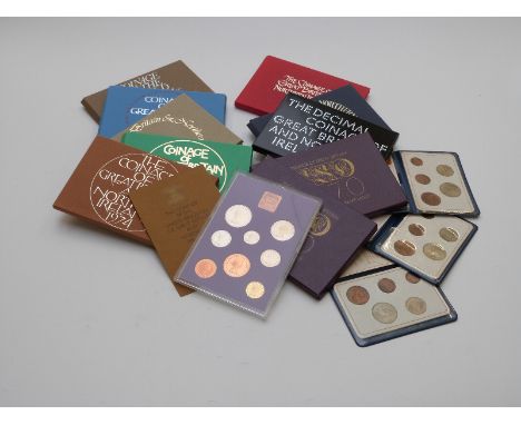 Ten Royal Mint UK coinage brilliant uncirculated coin sets 1970 - 1978 and some First Decimal examples