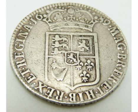 1689 William and Mary half crown, first bust, first shield, GF