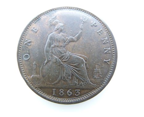 Victorian 1863 bronze young head penny, OT TB EF+