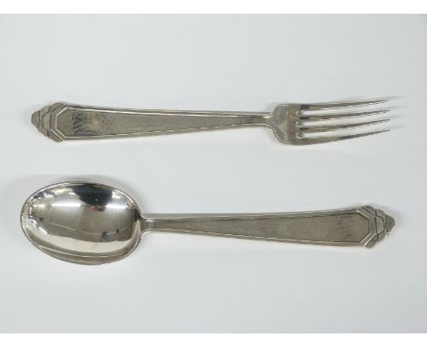 Possibly Belgian Art Deco white metal spoon and fork with hammered design to handle, marked with letter A and 800, length 17.
