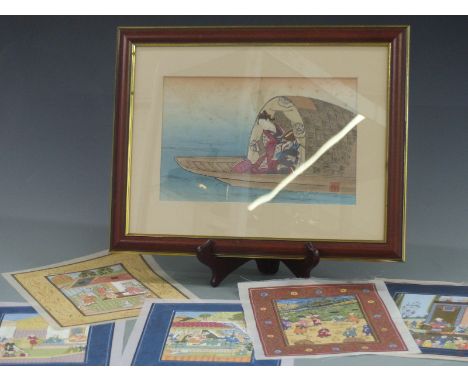 Japanese woodblock of a female figure on a boat, together with Indian watercolours and prints, largest 33cm x 21cm.&nbsp;