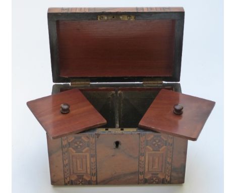 A 19thC walnut Tunbridgeware dome topped two division tea caddy, H 14cm x W x 18cm D 11cm&nbsp;