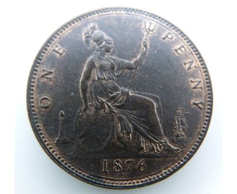 1876 Victorian later young bust bronze penny, Heaton Mint, OT TB, near unc, some lustre