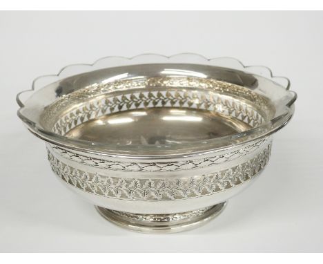 French white metal pierced pedestal bowl with cut glass liner, with French silver marks, maker's mark for Charles Barnier, di