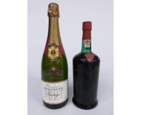 Bollinger brut vintage Champagne 1976 together with a de-labelled bottle of port.&nbsp;