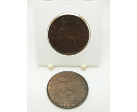 1895 veiled head Victorian penny, trident 1mm from p(enny) reverse, EF+ with lustre, together with an 1896 example F-NVF