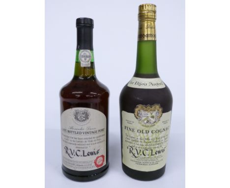 Two bottles of alcohol comprising Le Bijou Ambre fine old cognac, reserved for R V C Lewis, 70cl, 40% vol, and an Alexander D