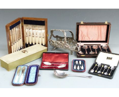Cased plated cutlery, wine holder, fabric box with portrait miniature to lid etc