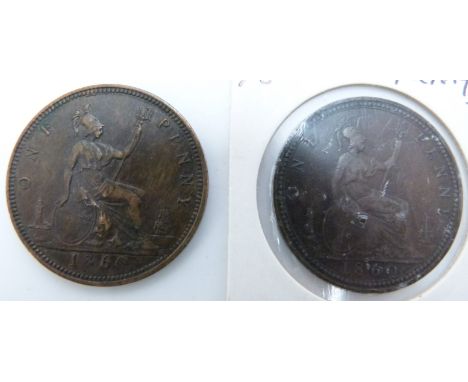 Victorian 1860 bronze young head penny, TB, VF-EF together with a B.B example, VF