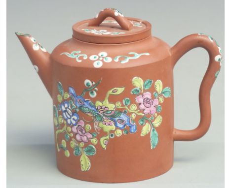 Chinese Yixing enamelled terracotta teapot with four character seal mark to base, height 15cm