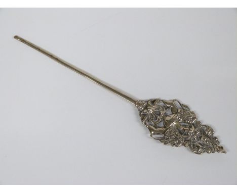 A silver plated stirrer or finial with lion decoration, impressed Sabatier, length 25cm