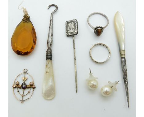 A Edwardian 9ct gold pendant,&nbsp; 9ct gold and silver ring, silver ring set with tiger's eye, Victorian silver stick pin et