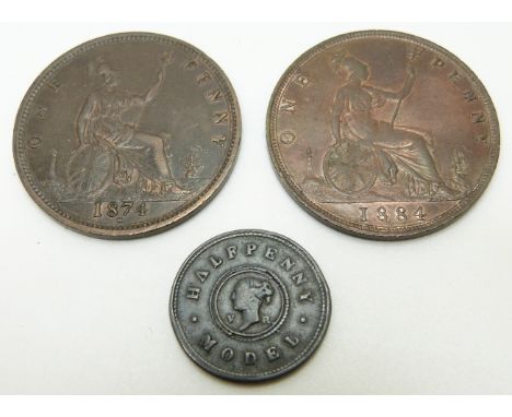 1874 Victorian young bust bronze penny, Heaton Mint, OT TB, VF, together with an 1884 example VF with lustre and an undated m