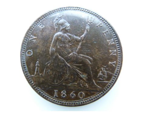 Victorian 1860 bronze young head penny, OT TB, small die crack by ship, unc