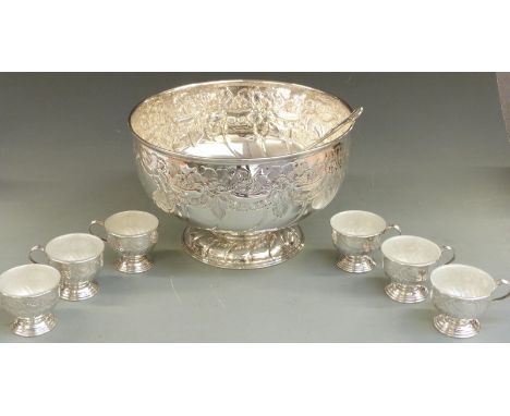 A large plated pedestal punch bowl, six cups with liners and ladle