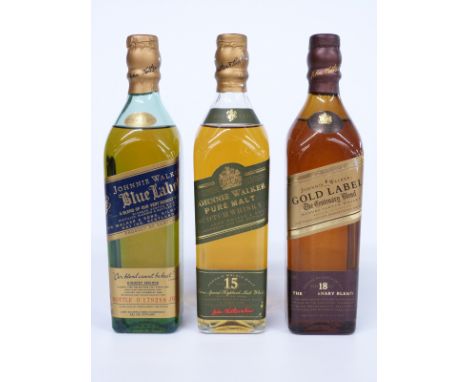 Three bottles of Johnnie Walker Scotch whisky comprising Gold Label 18 year old The Centenary Blend, Blue Label and pure malt