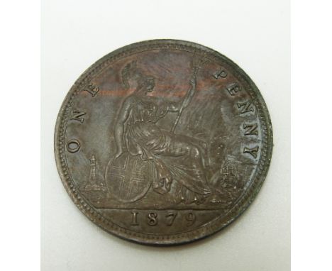 1879 Victorian later young head bronze penny, near unc, F97 (9+3)