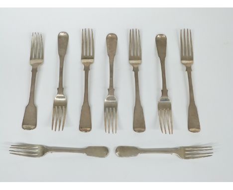 Nine Georgian fiddle pattern hallmarked silver forks comprising a set of six table forks, London 1807 maker John Lias, furthe