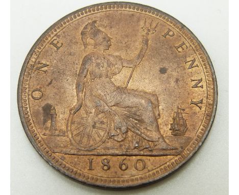 1860 Victorian young head bronze penny, LCW below shield, four windows to lighthouse, thumb touching St George's cross revers