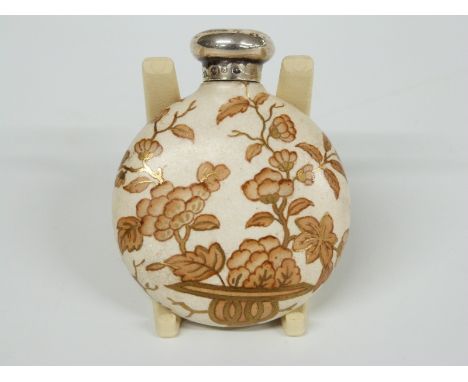 Victorian hallmarked silver topped circular ceramic scent bottle with Chinese style decoration, Birmingham 1888 maker Charles