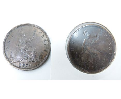 1874 Victorian bronze young head penny, Heaton Mint, OT, TB, GEF-N unc together with a further 1874 example, VF