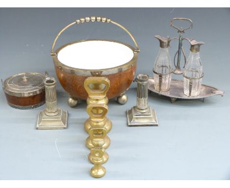 Mappin and Webb condiment set, plated candlestick, two wooden items with plated mounts and four W&amp;T Avery brass bell weig