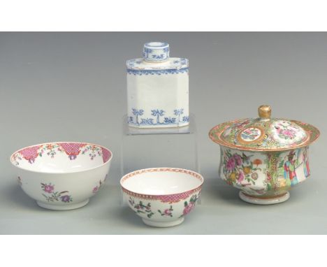 Two Chinese Famille rose bowls, Chinese 18thC tea caddy and a Chinese Cantonese bowl and cover