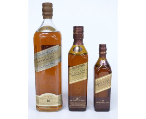 Three bottles of Johnnie Walker Gold Label 18 year old&nbsp;blended Scotch whisky comprising 100cl, 43% vol, The Centenary Bl