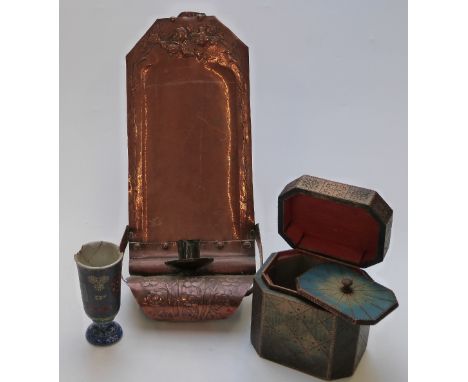 Arts and Crafts hammered copper hanging candle sconce, octagonal tea caddy and a Chinese cloisonné pedestal vase&nbsp;