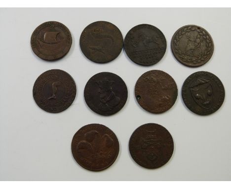 Ten 18thC halfpenny /trade Conder type tokens, includes Cronebane Irish Miners, Snowhill London 'Golden Legs, Boots and Shoes