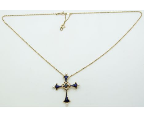 Fabergé 14k gold cross set with blue enamel, seed pearls, sapphire and diamonds
