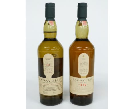 Two bottles of Lagavulin single Islay malt Scotch whisky comprising 16 year old, 43% vol and 12 year old Special Release, 56.