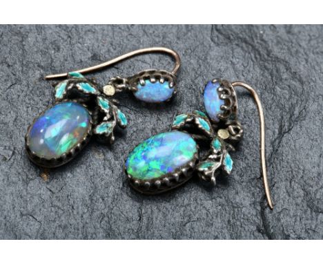 A pair of Victorian earrings set with two opal cabochons and enamel, 2.5cm drop&nbsp;