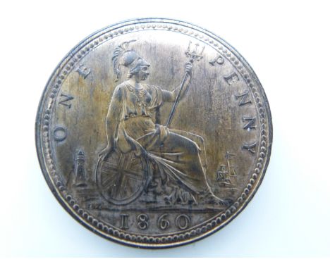 Victorian 1860 bronze young head penny, OT BB, some lustre, EF+