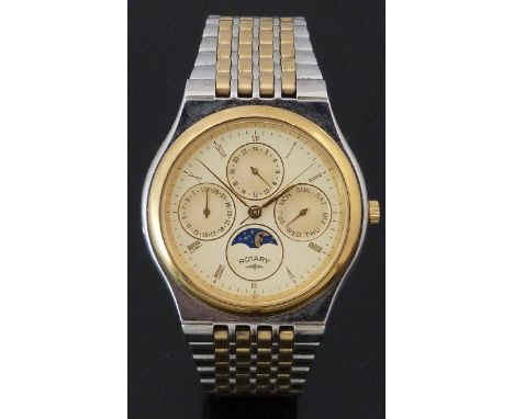 Rotary triple calendar gentleman's wristwatch with inset day and date dials, moonphase, gold Roman numerals, gold bezel, stai