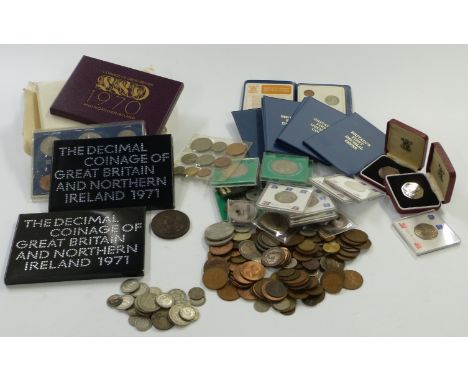 A collection of UK coinage, includes a quantity of Royal Mint proof sets 1970 etc., modern crowns, first decimals, silver con