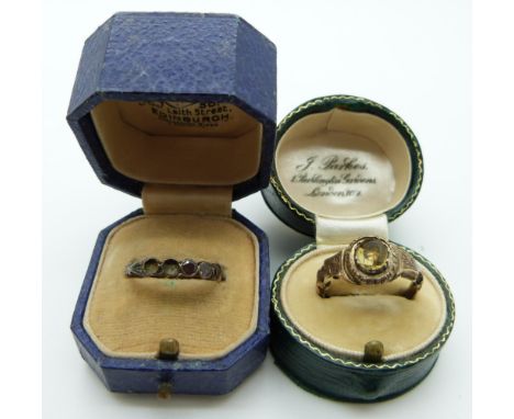 Victorian 9ct gold ring set with a citrine in a foiled setting and another Victorian ring both in vintage boxes&nbsp;