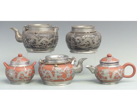 Chinese terracotta and pewter teaset, pewter teapot and matching caddy, all marked Shanghai China to base