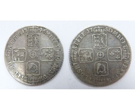George II 1746 LIMA sixpence, old head, plain angles reverse, F+, together with a further example 1750, F
